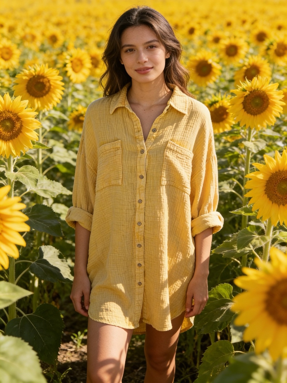 Easel Lightweight Mustard Cotton Dress with Button Detailing